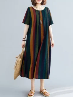 Stripe Short Sleeve Round Neck Casual Midi Dress