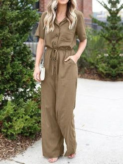 Solid Color Lapel Collar Button Short Sleeve Jumpsuit With Pocket -Zanzea Shop 8e6208df 5007 411b b96a baa5c04392ea