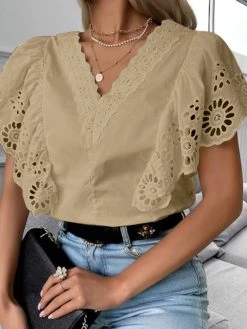 Eyelet Ruffle Sleeve Lace V-neck Blouse For Women -Zanzea Shop 8eb36069 cc65 4166 9818 e2d8c68ccecf