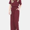 Solid Color Lapel Collar Button Short Sleeve Jumpsuit With Pocket