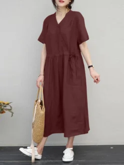 Women Solid Notched Neck Drawstring Waist Short Sleeve Dress -Zanzea Shop 8ed04ea1 972c 43bd 9296 6a4dbeb41324