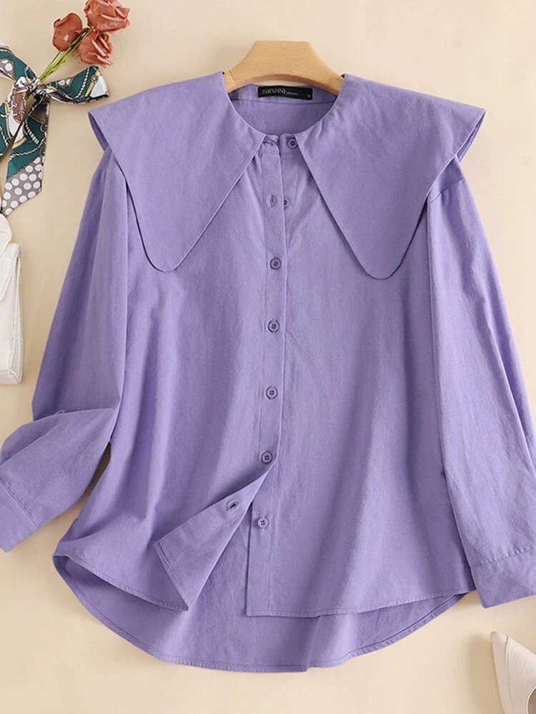 Solid Lapel Long Sleeve Button Women Blouse 2 Solid Lapel Long Sleeve Button Women Blouse - Image 2