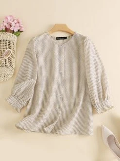Women Plaid Seersucker Button Front Casual 3/4 Sleeve Shirt