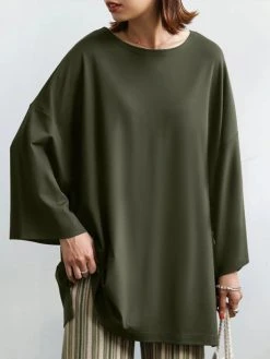 Solid Drop Shoulder Loose Long Sleeve Crew Neck T-shirt -Zanzea Shop 8f0b7c6d ddd6 4daf 9325 a76ac6cd3652