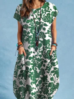 Allover Plants Print Dual Pocket Short Sleeve Dress -Zanzea Shop 8f0e56e1 e47f 4679 98c0 20362b6ab1de