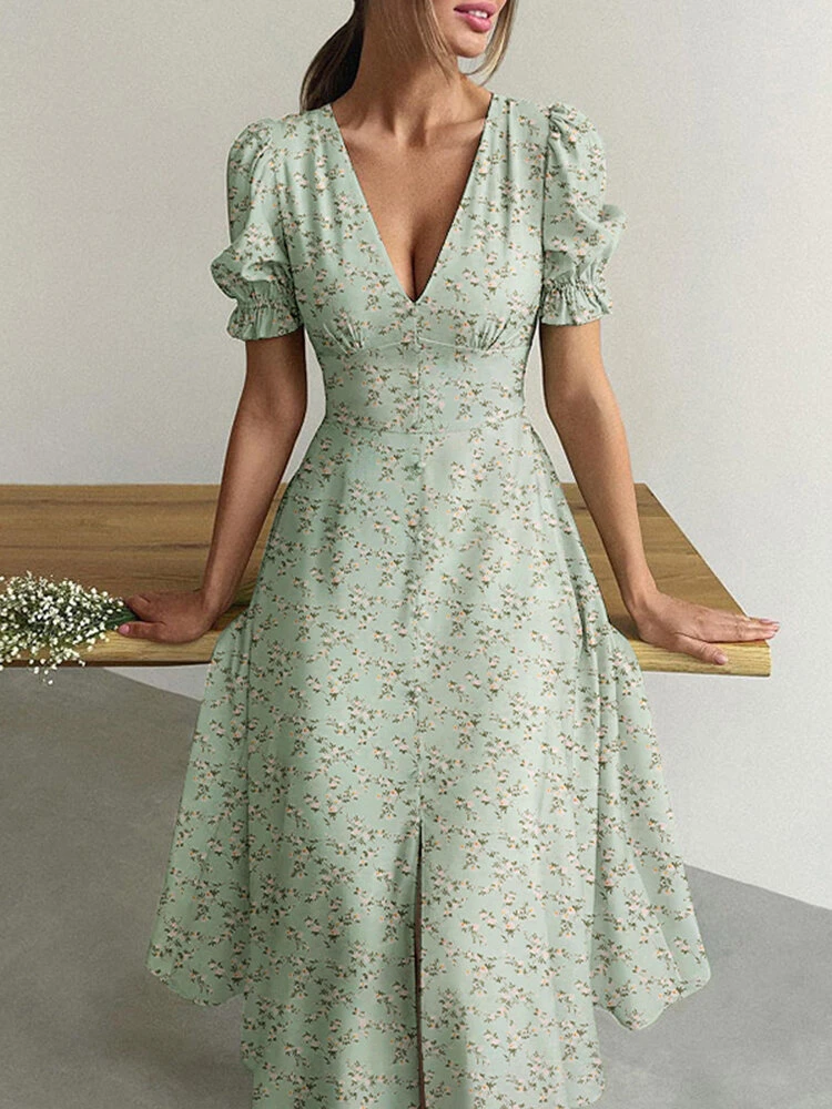 Women Ditsy Floral Print V-Neck Split Hem Puff Sleeve Dress 4 Women Ditsy Floral Print V-Neck Split Hem Puff Sleeve Dress - Image 4