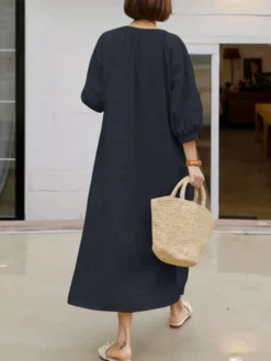 Solid Pocket 3/4 Sleeve V-neck Loose Casual Dress -Zanzea Shop 8f2229de 6522 4d9c bf56 c732485e0387