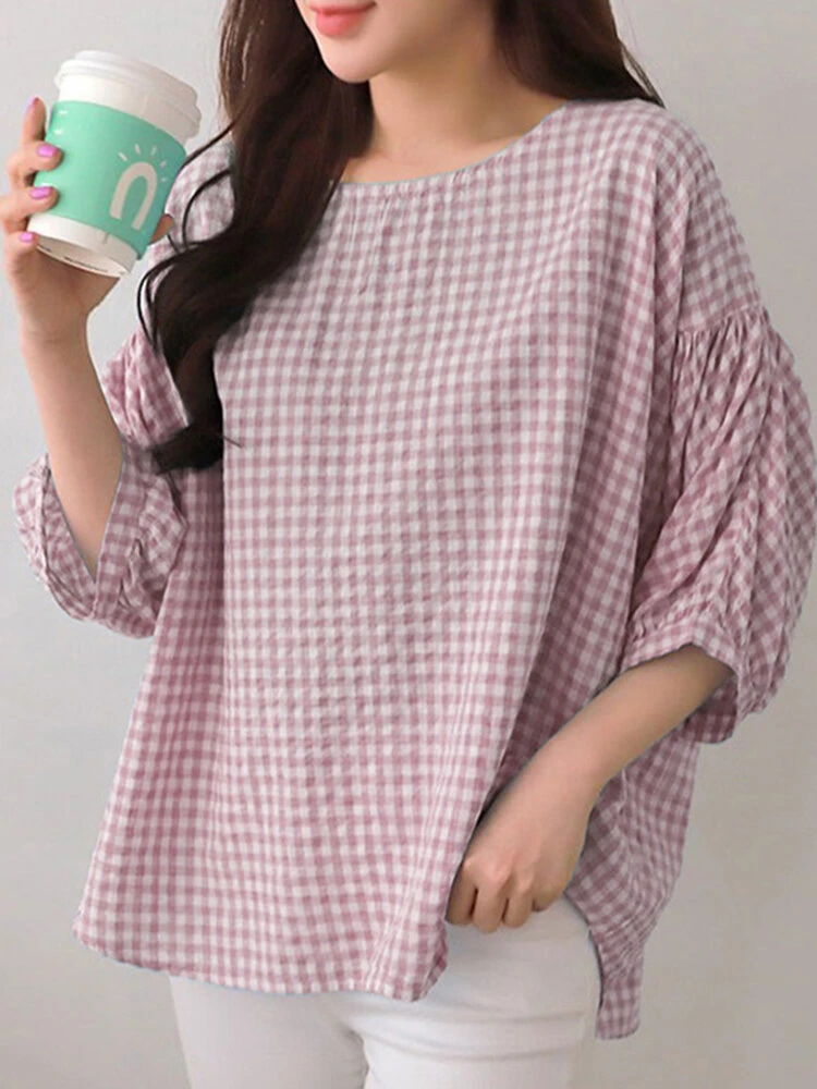 Check Print Crew Neck 3/4 Sleeve Casual Loose Blouse 9 Check Print Crew Neck 3/4 Sleeve Casual Loose Blouse - Image 9