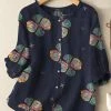 Women Colorful Floral Print Frill Neck Cotton 3/4 Sleeve Blouse