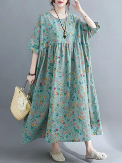 Allover Floral Print Crew Neck Loose Vintage Dress -Zanzea Shop 8f999ec0 6f6b 4fe3 a4cf 8ed8f442a8ee