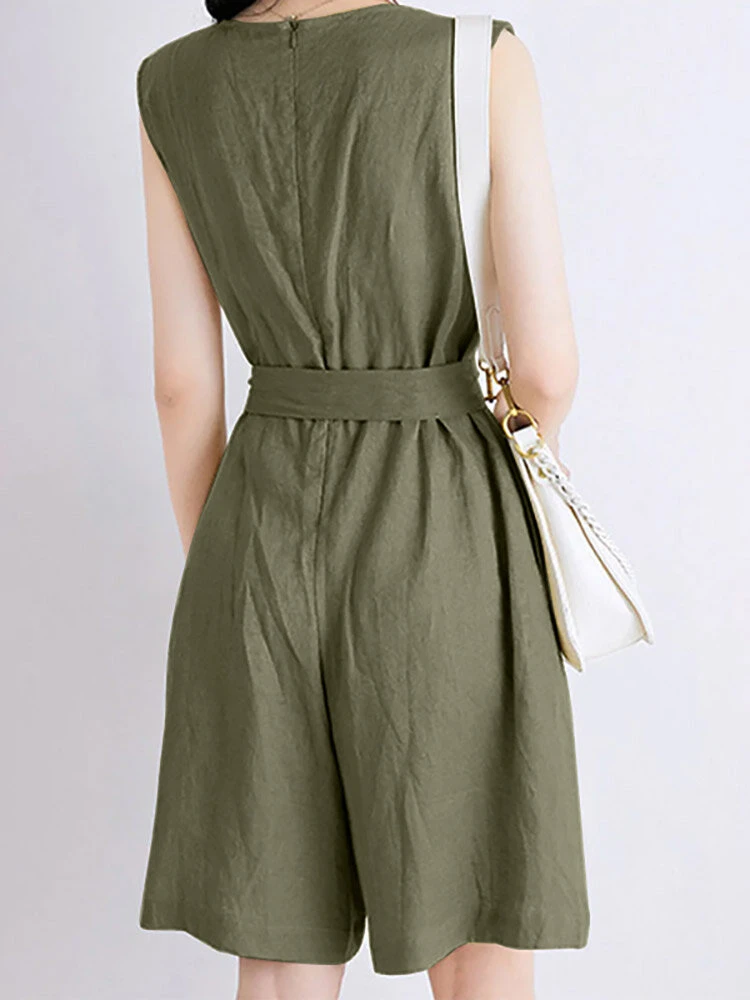 Cotton Solid Sash Pocket Sleeveless Round Neck Zip Casual Romper 7 Cotton Solid Sash Pocket Sleeveless Round Neck Zip Casual Romper - Image 7