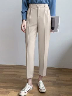 Solid Pocket Zip Front Crop Pants For Women