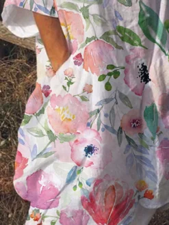 Women Watercolor Floral Print V-Neck 3/4 Sleeve Dress With Pocket -Zanzea Shop 8fd69509 c265 4c09 b314 3ae67e29532a