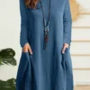 Solid Dual Pocket Long Sleeve Crew Neck Vintage Dress