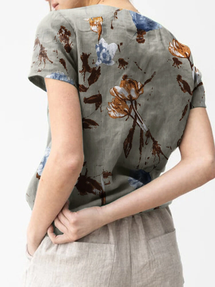 Flower Print Short Sleeve V-neck T-shirt For Women 2 Flower Print Short Sleeve V-neck T-shirt For Women - Image 2