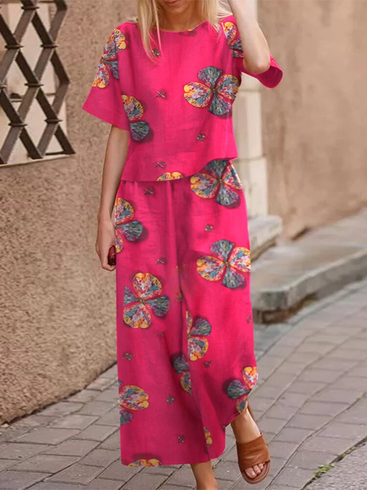 Flower Print Short Sleeve Wide Leg Two Pieces Suit 2 Flower Print Short Sleeve Wide Leg Two Pieces Suit - Image 2