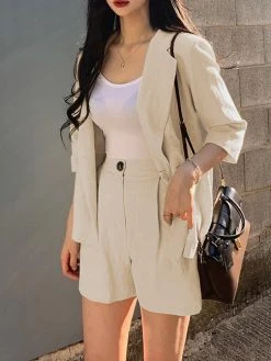 Solid 3/4 Sleeve Lapel Elastic Waist Two Pieces Suit -Zanzea Shop 9004cf40 6bcc 49c7 ad06 1557fa76e5ed