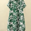 Women Floral Plant Print Quarter Button Vacation Short Sleeve Dress