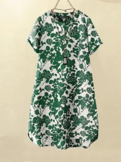 Women Floral Plant Print Quarter Button Vacation Short Sleeve Dress