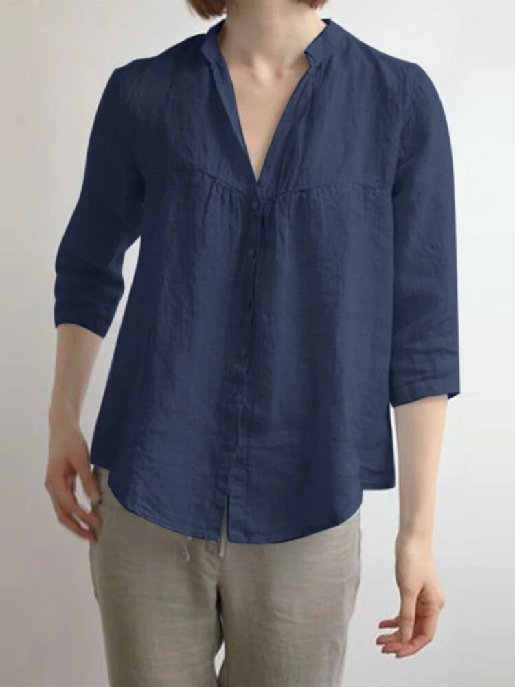 Solid Button Front Lapel 3/4 Sleeve Blouse 3 Solid Button Front Lapel 3/4 Sleeve Blouse - Image 3