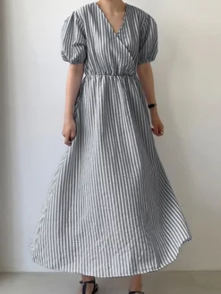 Puff Sleeve Wrap V-neck Stripe Print Midi Dress -Zanzea Shop 904a6f24 9a35 4232 bb46 05fbafa2af62