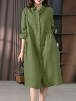 Solid Long Sleeve Pocket Button Vintage Shirt Dress