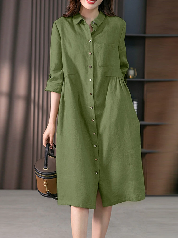 Solid Long Sleeve Pocket Button Vintage Shirt Dress 1 Solid Long Sleeve Pocket Button Vintage Shirt Dress