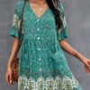 Bohemian Floral Print Pocket Button V-neck Short Sleeve Dress