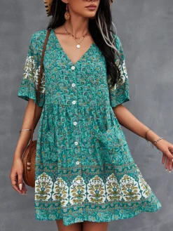 Bohemian Floral Print Pocket Button V-neck Short Sleeve Dress