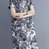 Plants Print Lapel Button Short Sleeve Dress