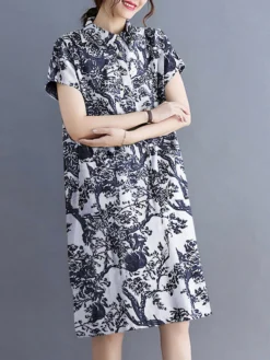 Plants Print Lapel Button Short Sleeve Dress