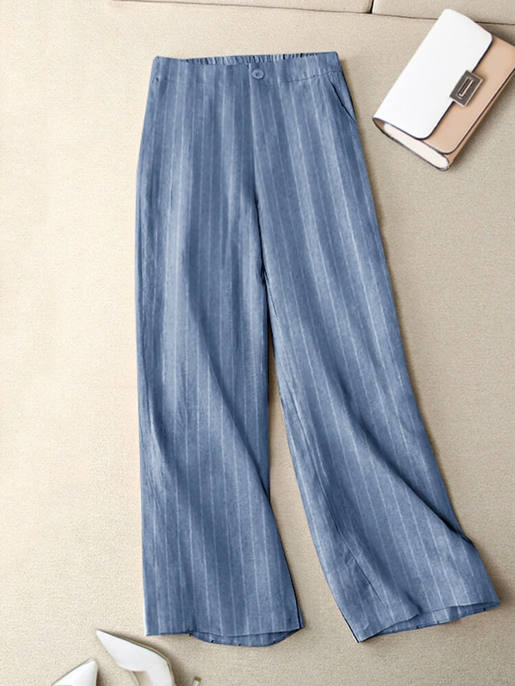 Women Vertical Striped Casual Straight Pants With Pocket 3 Women Vertical Striped Casual Straight Pants With Pocket - Image 3