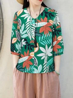 Women Plant Leaf Print V-Neck Half Button Vacation Blouse -Zanzea Shop 90a9bf5b d730 4f9b 8a04 cdbe246033c6