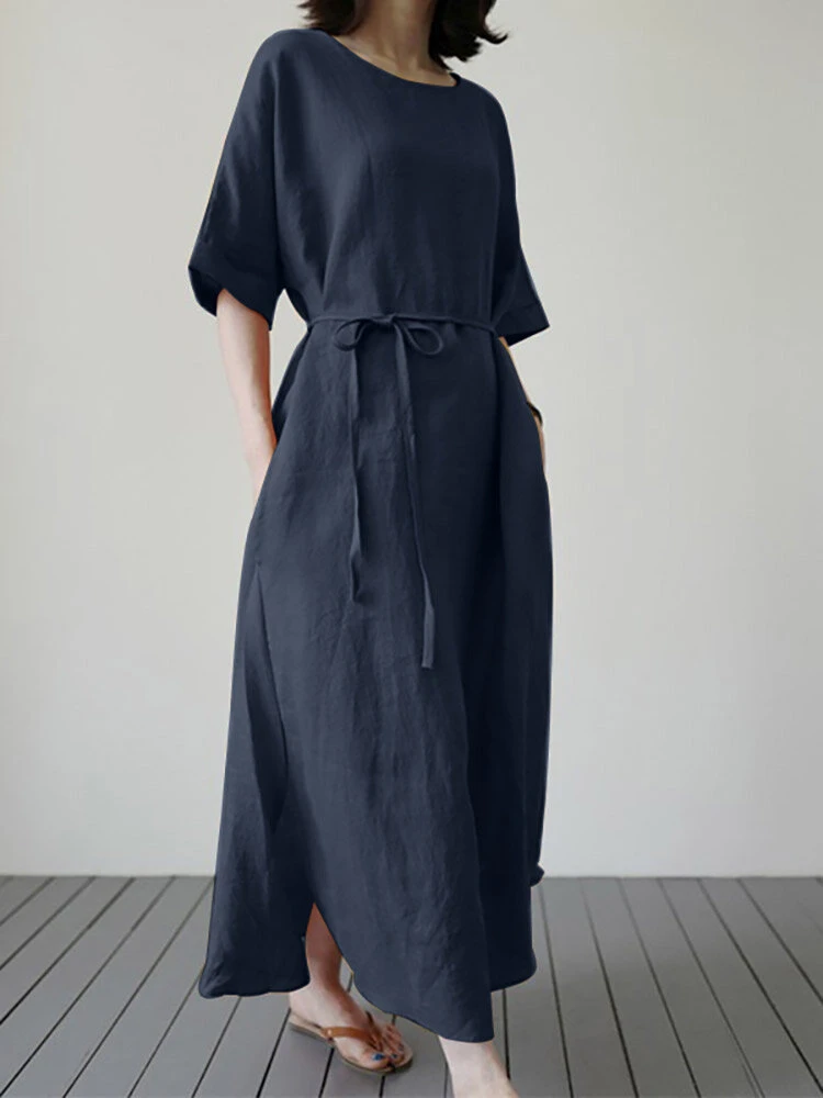 Solid Slit Pocket Half Sleeve Loose Dress With Belt 5 Solid Slit Pocket Half Sleeve Loose Dress With Belt - Image 5