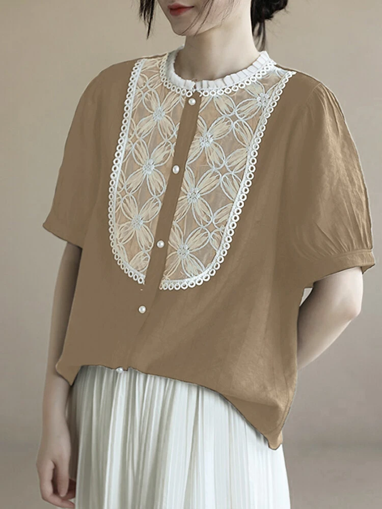 Contrast Embroidery Short Sleeve Pearl Button Blouse 3 Contrast Embroidery Short Sleeve Pearl Button Blouse - Image 3