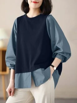 Women Contrast Long Sleeve Crew Neck Casual Blouse -Zanzea Shop 910c7267 6505 4157 82e5 a31069bff0fd