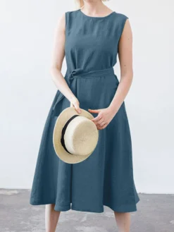 Solid Sleeveless Pocket Crew Neck Dress With Belt -Zanzea Shop 912bfad2 d0b6 4c59 abbf 54c5322e8d3f