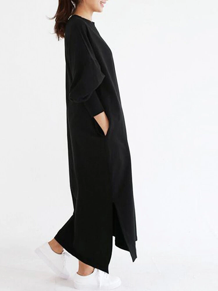 Casual O-neck Overhead Split Hem Long Sleeve Maxi Dress With Side Pockets 4 Casual O-neck Overhead Split Hem Long Sleeve Maxi Dress With Side Pockets - Image 4