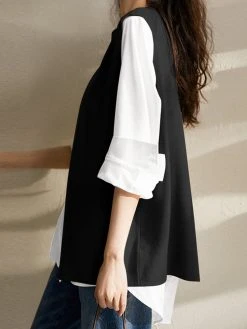 Contrast Patchwork Long Sleeve Crew Neck Casual Blouse -Zanzea Shop 9133e604 c30e 43c6 8356 8b73e410c0e3