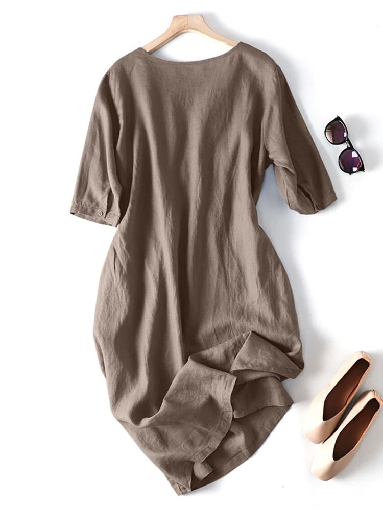 Solid Shirred Pocket Half Sleeve Crew Neck Dress 6 Solid Shirred Pocket Half Sleeve Crew Neck Dress - Image 6