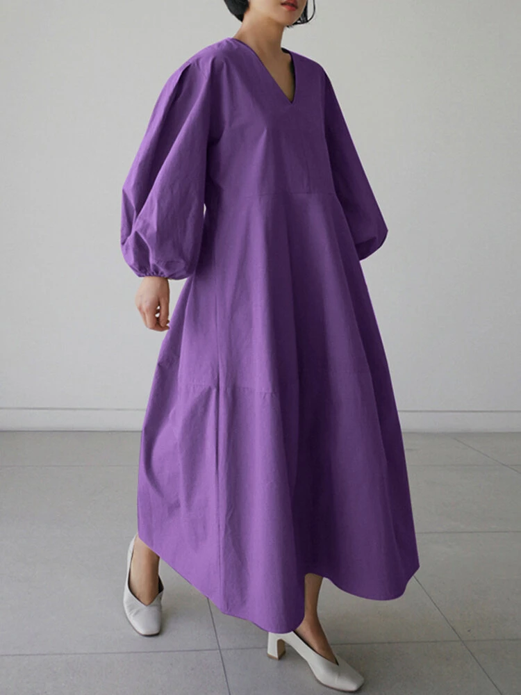 Casual V-neck Puff Sleeve Solid Color Pleated Midi Dress 4 Casual V-neck Puff Sleeve Solid Color Pleated Midi Dress - Image 4