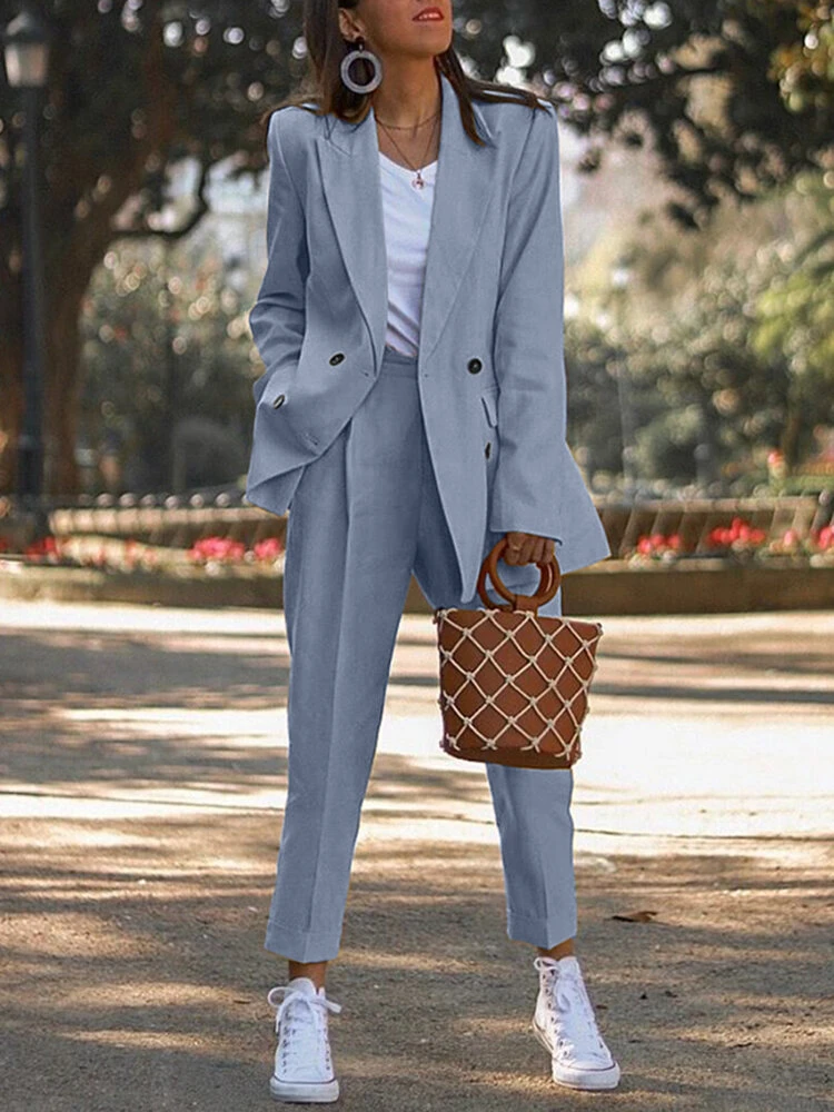 Solid Double Breasted Elastic Waist Lapel Long Sleeve Suit 2 Solid Double Breasted Elastic Waist Lapel Long Sleeve Suit - Image 2