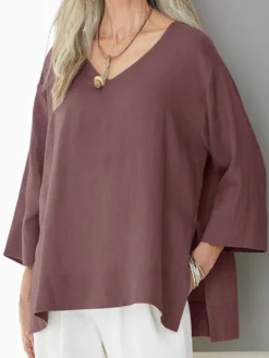 Casual Solid Color Split V-neck Loose Plus Size Blouse