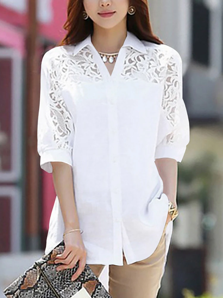 Lace Panel Solid Button Front Lapel Half Sleeve Shirt 2 Lace Panel Solid Button Front Lapel Half Sleeve Shirt - Image 2