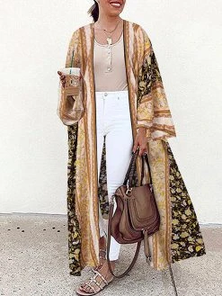 Bohemian Floral Print Loose Open Front Long Sleeve Kimono