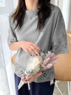 Lace Hollow Stitch Half Sleeve Crew Neck Loose Blouse -Zanzea Shop 923a15e1 04a4 4a16 b230 9047586c51a1