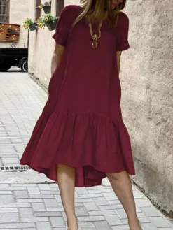 Solid Ruffle High-Low Hem Casual Cotton Midi Dress -Zanzea Shop 923b0e0e 0baa 4e96 9dab 3ddd397a5292