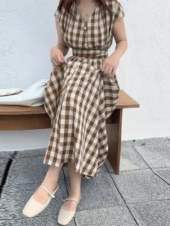 Check Print Button V-neck Short Sleeve Belt Maxi Dress -Zanzea Shop 92629bf2 8030 444c bf97 ab0c64670d23