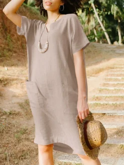 Solid Short Sleeve Pocket V-neck Dress For Women -Zanzea Shop 92d4fcf9 b267 4973 9fd6 37889c6d4e11