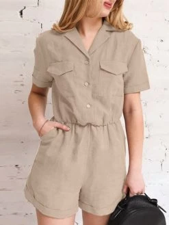 Solid Pocket Button Front Short Sleeve Lapel Cargo Romper -Zanzea Shop 93568601 e629 4786 8e60 624728eec3ab